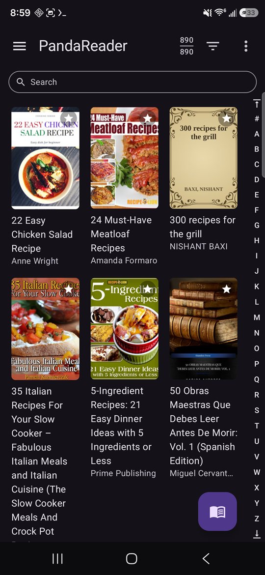 PandaReader bookshelf: a grid of book covers with an A to Z index down the right edge