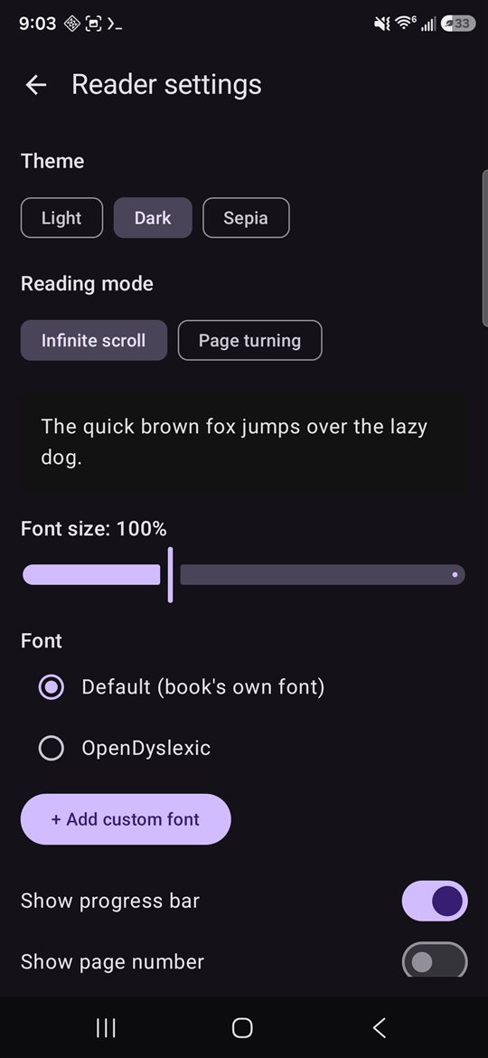Reader settings with live preview